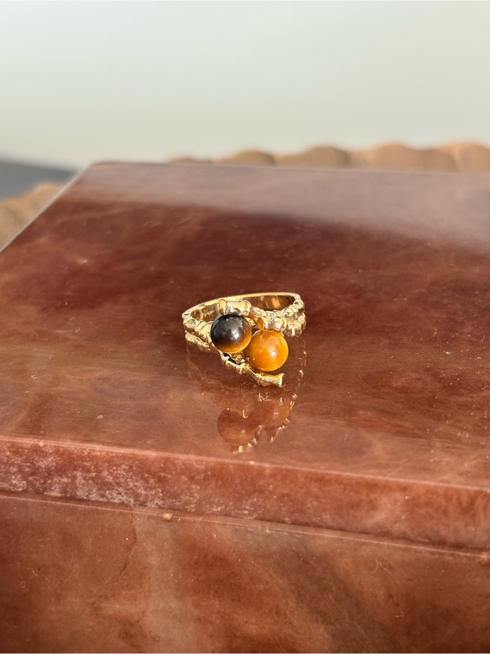 Gold Tiger's Eye Bead Ring - Women Jewelry Size 6
